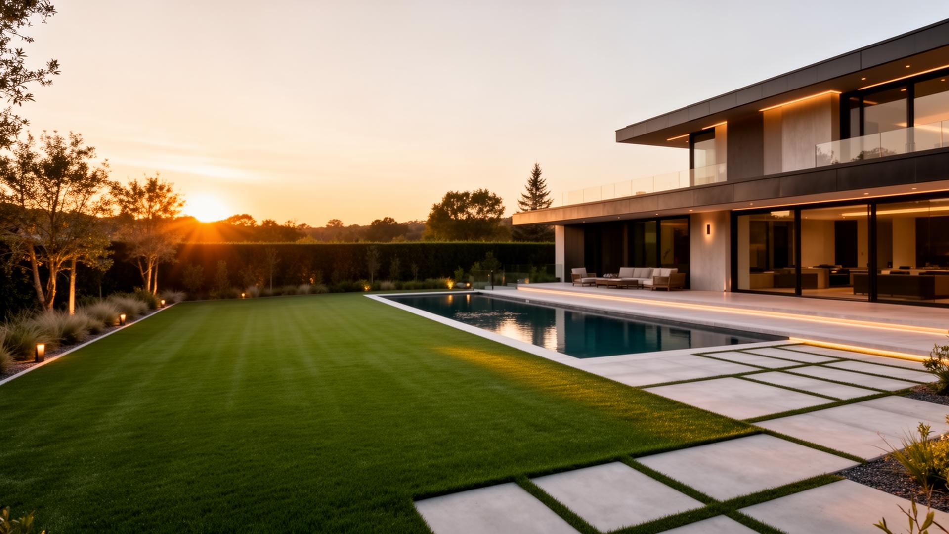 Luxury backyard with premium artificial turf at golden hour
